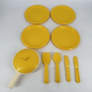 Vintage 1984 Little Tikes Kitchen Toy Lot Plates Pan Utensils Yellow Retro